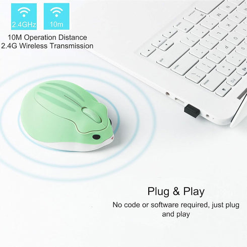 Hamster Shape Wireless Mouse - Cartoon Portable Animal Optical Cordless Mice for Travel, School Kids Gift (Green)