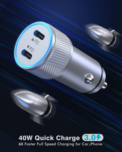 iPhone Car Charger, Dual USB C Fast Charger, 40W Type C Car Fast Charger with 2 Pack 3.3ft Lightning Cable for iPhone