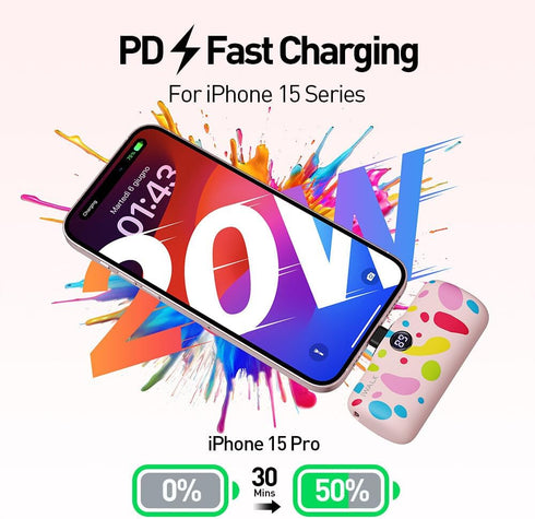 iWALK USB-C Portable Charger 4800mAh with Colorful Pattern, 20W PD Fast Charging Small Power Bank for iPhone, iPad, Pink