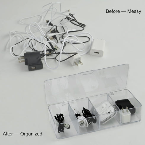 Electronics Organizer Clear Acrylic Cable Storage Bin Box, 4 Sections with 20 PCS Reusable Fastening Ties