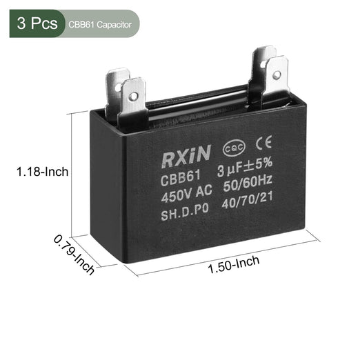 YOKIVE 3 Pcs CBB61 Run Capacitor, 450V AC 3uF 50/60Hz Double Insert Run Round Capacitor, Low Loss, Great for Washing Machines Motor (Black)