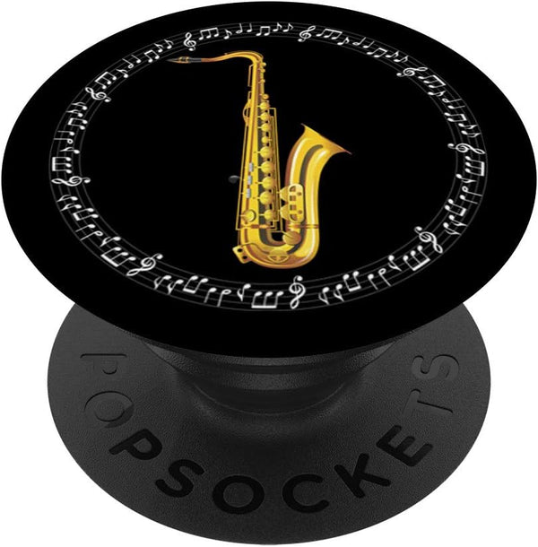 Saxophone Jazz Player Gift - Black PopSockets PopGrip: Swappable Grip for Phones & Tablets with Music Notes in Circle