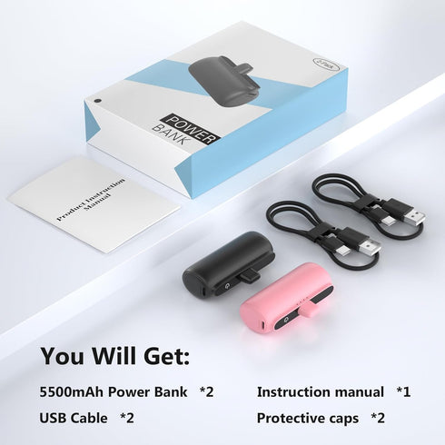 2 Pack Portable Charger for iPhone, 5500mAh Power Bank, 20W PD Fast Charging, Ultra-Compact Travel