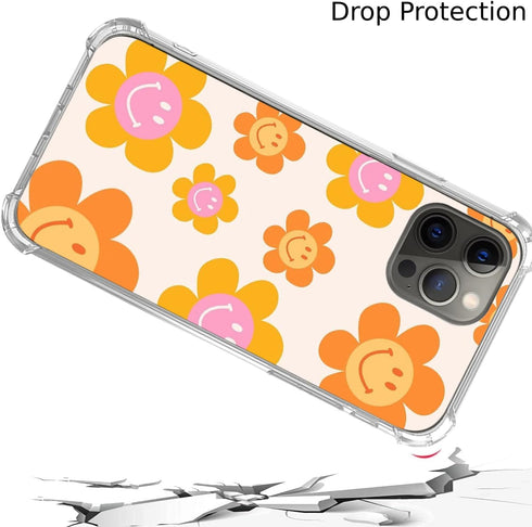 Indie Smile Face Flower Daisy Power Phone Case for iPhone 14 Pro Max, Retro 90s Orange Aesthetic Design