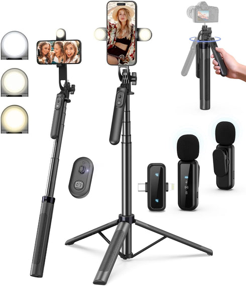 Yeaki Vlogging Kit for iPhone/Android, 71" Selfie Stick Tripod for iPhone with Light,