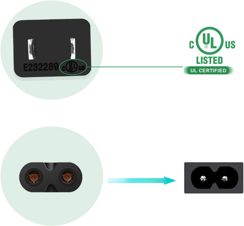 2 Prong Power Cord Compatible with Epson Workforce/Stylus/Ecotank Printers, WF-2520, WF-3620, ET-2720, ET-2750, and More
