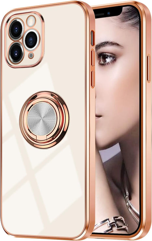 Omorro iPhone 11 Pro Case with Ring Kickstand, 360 Rotation, Shiny Rose Gold Edge, Compatible with Magnetic Car Mount
