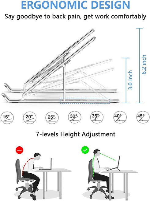 Adjustable Aluminum Laptop Stand, Foldable Portable Holder with Anti-Slip Silicone Pad for 10-15.6 Tablets