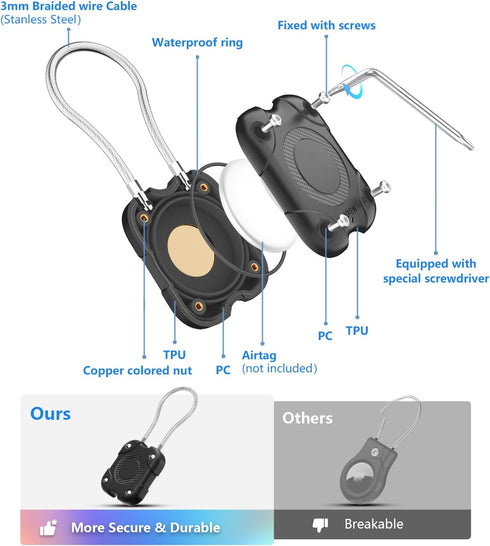 4 Pack Waterproof AirTag Secure Holder with Wire Cable, Anti-Lost Protective Case for Apple AirTag, Black