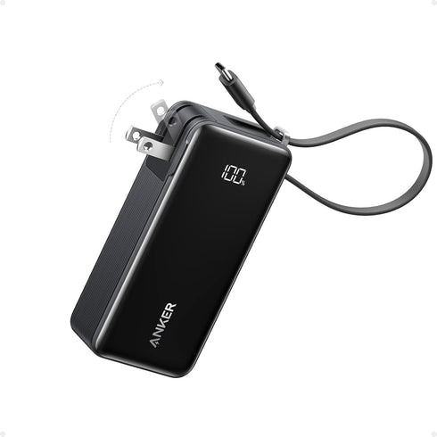 Anker 3-in-1 Portable iPhone Charger, 10,000mAh Power Bank with Built-in USB-C Cable and Foldable AC Plug, 30W Max