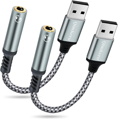 (2-Pack) USB to 3.5mm Jack Audio Adapter, QimKero External Sound Card USB-A, AUX Stereo Converter for Headset, PC,