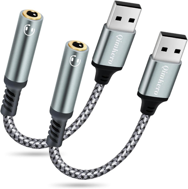 (2-Pack) USB to 3.5mm Jack Audio Adapter, QimKero External Sound Card USB-A, AUX Stereo Converter for Headset, PC,
