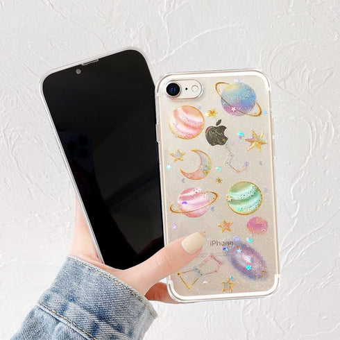 Abbery Cute Clear Moon Stars Case for iPhone SE 2022/SE 2020, Ultra Thin Bling Glitter Soft Silicone Protective Cover