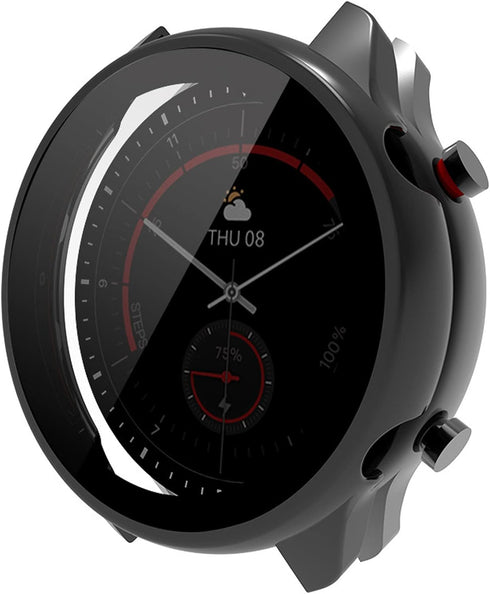 Hard PC Case with Tempered Glass Screen Protector for GTR 3 Pro/GTR 3 Smartwatch 2021 (Black, 1)