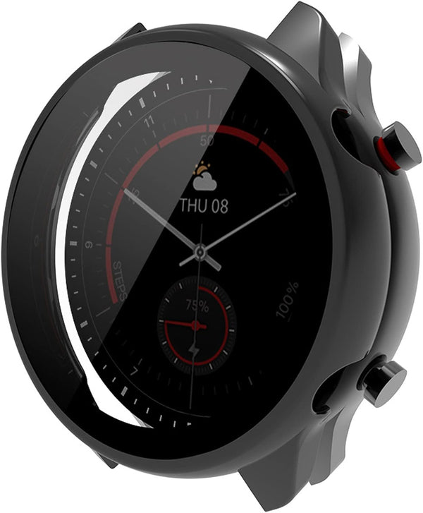 Hard PC Case with Tempered Glass Screen Protector for GTR 3 Pro/GTR 3 Smartwatch 2021 (Black, 1)