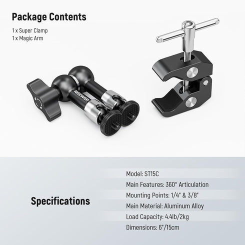 NEEWER 6"/15cm Adjustable Magic Arm with Super Clamp, 1/4" & 3/8" Threads for Flash/LED Light/Microphone/Monitor