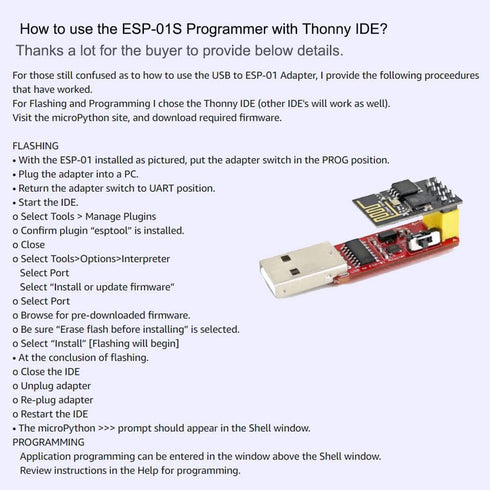ESP-01S Programmer USB to ESP-01 Adapter for ESP8266 Wireless WiFi Module, 2PCS, 4.5-5.5V, 115200 Baud Rate