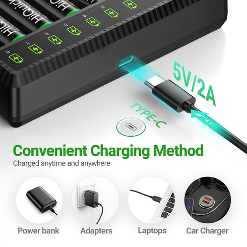 HiQuick 8 Charger,1.2V 1100mAh 16 Pack Rechargeable AAA Batteries with Bay Battery Low Self-Discharge Ni-MH AAA