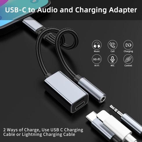 USB C to 3.5mm Headphone and Charger Adapter, 3 in 1 USB C to Aux Audio Jack with USB C&Lightning Fast Charge Dongle Cable for iPhone 15, Galaxy S23 S22, Pixel 7 6, iPad Pro/MacBook Air