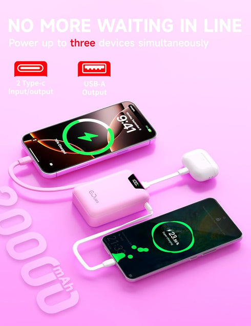 Gidues M2 20000mAh 35W Pack Portable Charger, Power Bank, PD Ultra Fast USB-C Built-in Cable, Compact Cute Mini