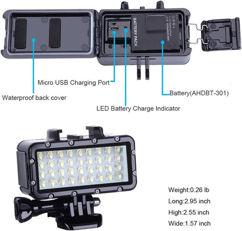 Suptig High Power Dimmable Waterproof LED Diving Light, 147ft for Gopro Hero 13/12/11/10/9/8/7/6/5/4/3+ Action Cam