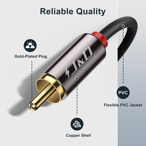J&D 2 RCA M/M Stereo Audio Cable, Gold-Plated 2RCA Male to 2RCA Male Copper Shell Auxiliary Audio Cord for Home Theater HDTV Amplifiers Hi-Fi Systems Speakers, RCA Audio Cables, 6 Feet