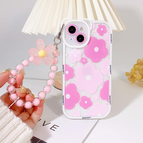 Clear Pink Floral Bear Camera Lens Case for iPhone 12, with Lovely Flower Bracelet Chain