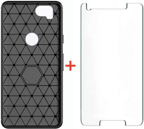 Asuwish Compatible Google Pixel 2 Case, Tempered Glass Screen Protector, Soft Silicone Cover, Carbon Fiber Navy