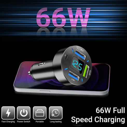 RDRKR 66W USB C Car Charger, 4-Port Cigarette Lighter Adapter, QC 3.0, PD, 2.4 A for Android/iPhone/Tablets
