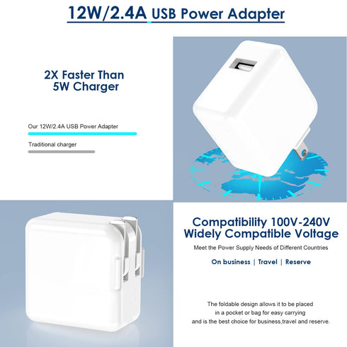 MFi Certified 12W USB Wall Charger & 6.6FT Lightning Cable for iPhone, iPad, iPad Mini, iPad Air - Foldable & Portable.