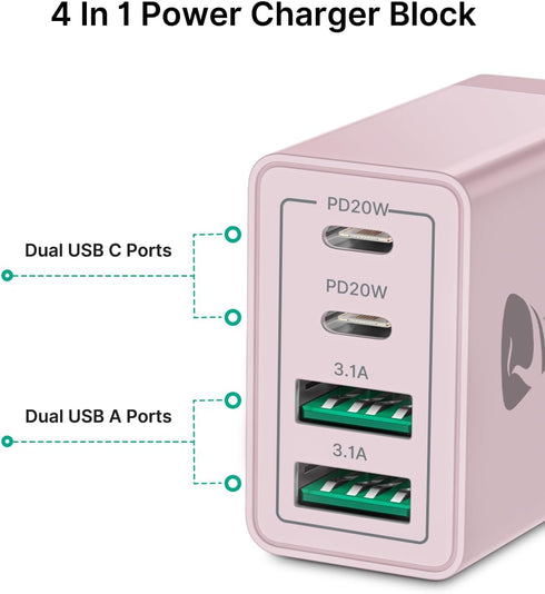40W USB C Charger Cube, 2-Pack Fast Charging Block, 4-Port QC Wall Plug + PD 3.0 Power Adapter for iPhone, iPad, Samsung