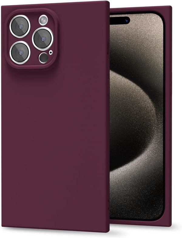 oakxco Silicone Square Edge Case for iPhone 15 Pro Max, Cute Soft Rubber Gel Cover for Women, Burgundy Wine
