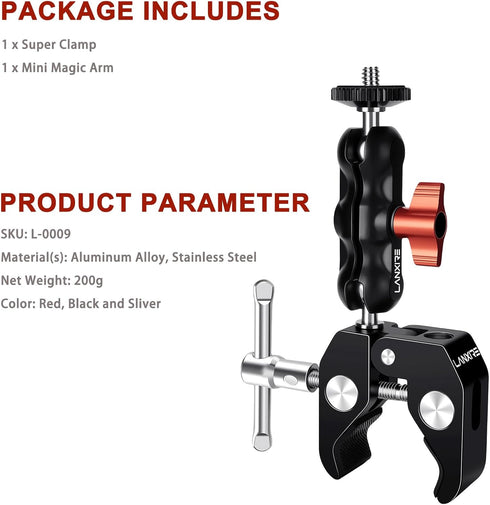 Super Clamp Camera Mount with Double Ball Head Adapter - 360° Rotation, Compatible with Canon Nikon DSLR, Gopro, LED