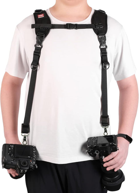 Quick Release Dual Camera Harness with Safety Tether, Adjustable Length for 2 Cameras, DSLR SLR Strap