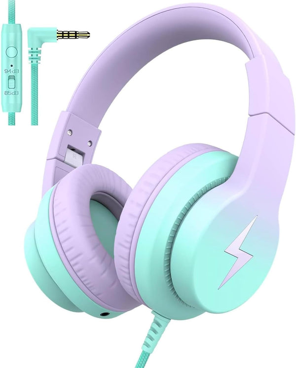 Gradient Purple Kids Headphones - Wired Over Ear with Microphone, 85/94dB Volume Limiter, Foldable, Sharing Jack.