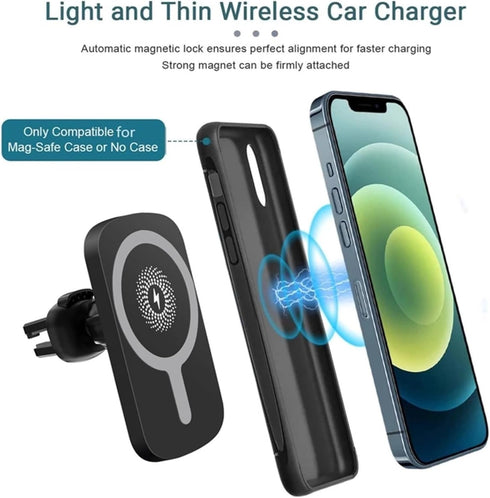 Magnetic Wireless Car Charger with 5W, 7.5W, 10W, 15W Output, Dashboard and Air Vent Phone Holder Charger (Black)