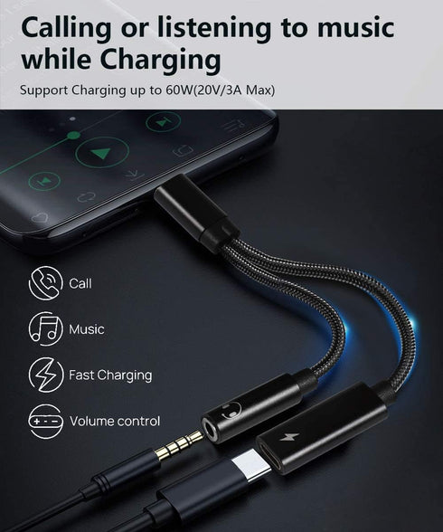2 in 1 USB C to 3.5mm Headphone Audio and Charger Adapter, Type c to Aux Hi-fi Audio with PD 60W Fast Charge for iPhone 15 Plus, Galaxy S23 S22, Pixel 7 6, iPad Pro/Macbook Air
