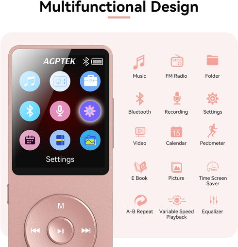 AGPTEK A02 MP3 5.3, 1.8 inch 128GB(Rose 64GB) Player with Bluetooth Screen Portable Music Player with Speaker, FM