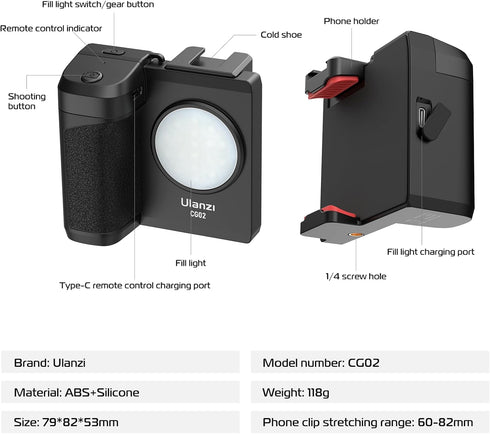 ULANZI CG02 Smartphone Camera Shutter Handle Grip, Detachable Wireless Bluetooth Remote, Adjustable Fill Light for Video