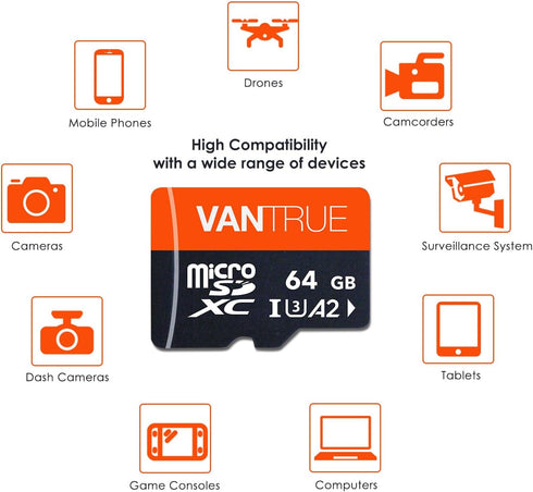 Vantrue 64GB microSD Card with Adapter, U3 UHS-I High Speed SD Card for Dash Cams & Home Security
