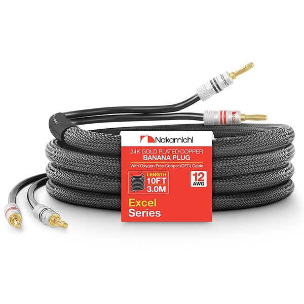 Nakamichi Excel Series 24k Gold Plated Banana Plug with 10ft 12AWG Speaker Cable Wire, Heavy Duty Braided