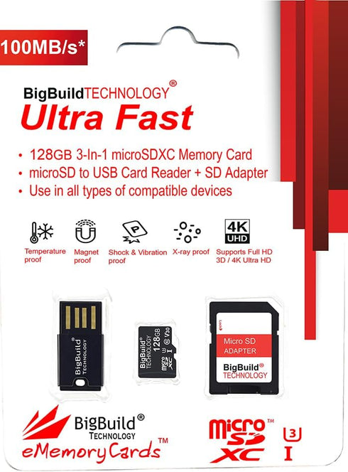 BigBuild Technology 128GB 100MB/s U3 9/9 Pro/9 9S/9T, 10/10 Lite/10 Pro/10 10S/10T, 11 Ultra Fast microSDXC Memory Card