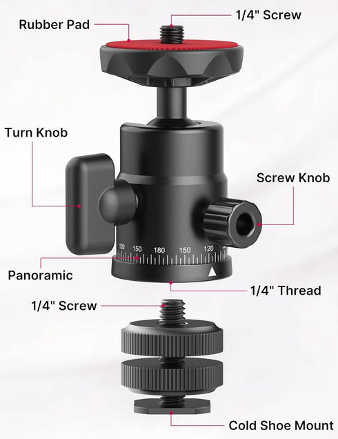 Mini Ball Head, ULANZI H28 Panoramic Tripod Head + Dual Hot Shoe Mount DSLR Camera Adapter