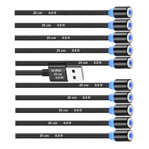 10pcs Magnetic Charging Cable, Short USB Cables (0.6~0.8ft, 2.4A Max), Nylon Braid, Compatible with Charger Stations &