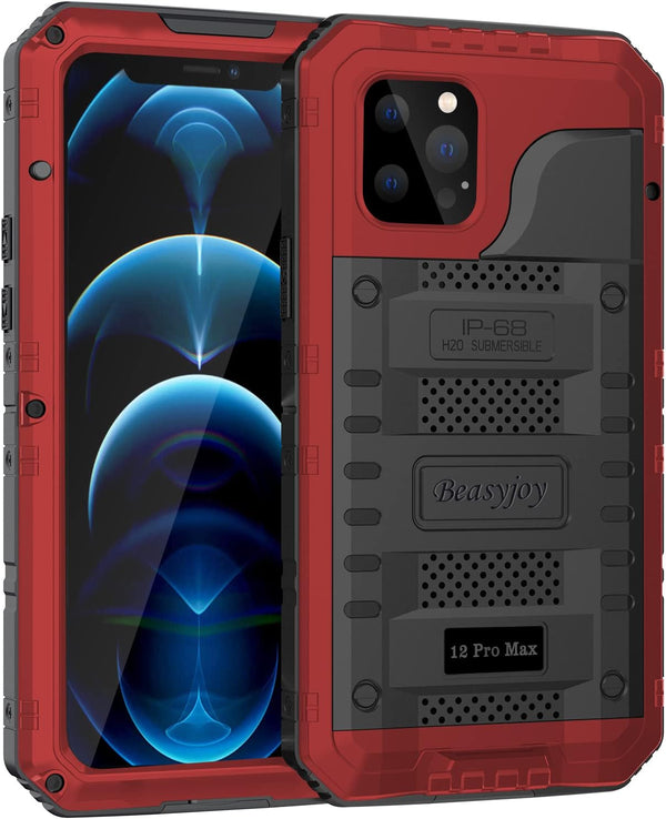 Beasyjoy Waterproof Case for iPhone 12 Pro Max, Metal Heavy Duty Defender with Built-in Screen Protector, 6.7 Inch (Red)