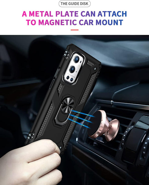 Military Grade Drop Impact Case for Oneplus 9 Pro, 360 Metal Rotating Ring Kickstand Holder, Heavy Duty (Black)