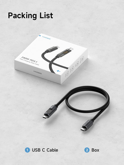 Hagibis USB C Cable, LED Display Silicone 240W Fast Charging Cable for iPhone 15/15 Pro Max, 3.3FT