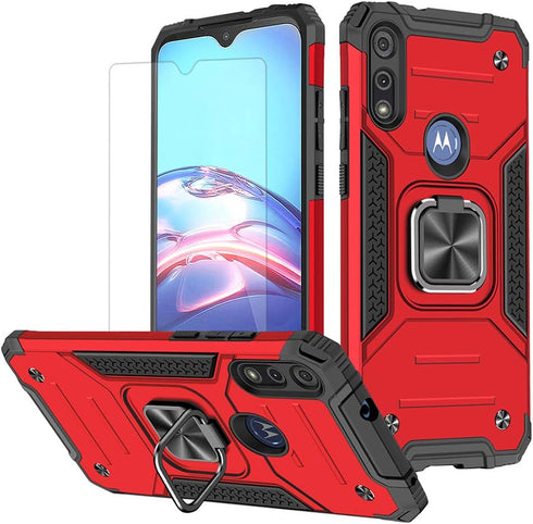 HNHYGETE for Moto E Phone Case, Shockproof Tough Rugged Hard Rubber Bumper with HD Screen Protector, Red