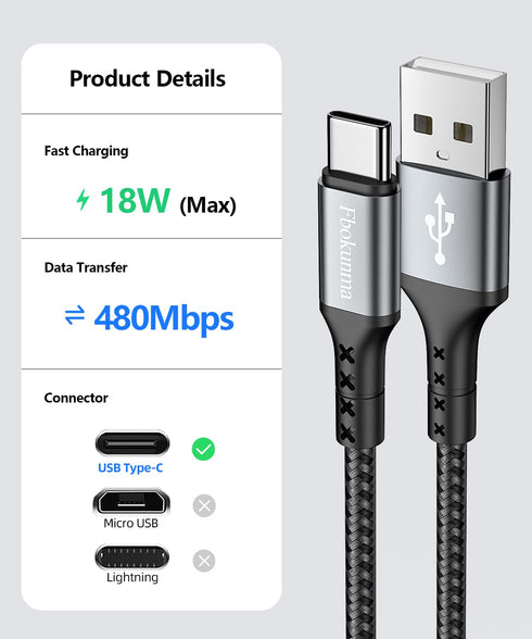 USB C Cable Short 1FT 3Pack, 12 inch 3A USB to USB C Fast Charger Braided Cord for Galaxy S10/S9/S8 Plus, Power Bank