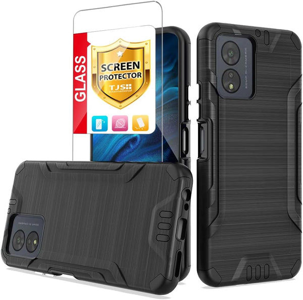 TJS Boost Celero5G SC 2024 Case, Hybrid Shockproof Metallic Brush Finish with Tempered Glass Screen Protector, Black